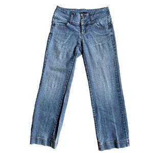 Vtg Womens Jeans Wide Leg Blue 7 Boho Stretch Western 2 Button Mid Rise Dark USA